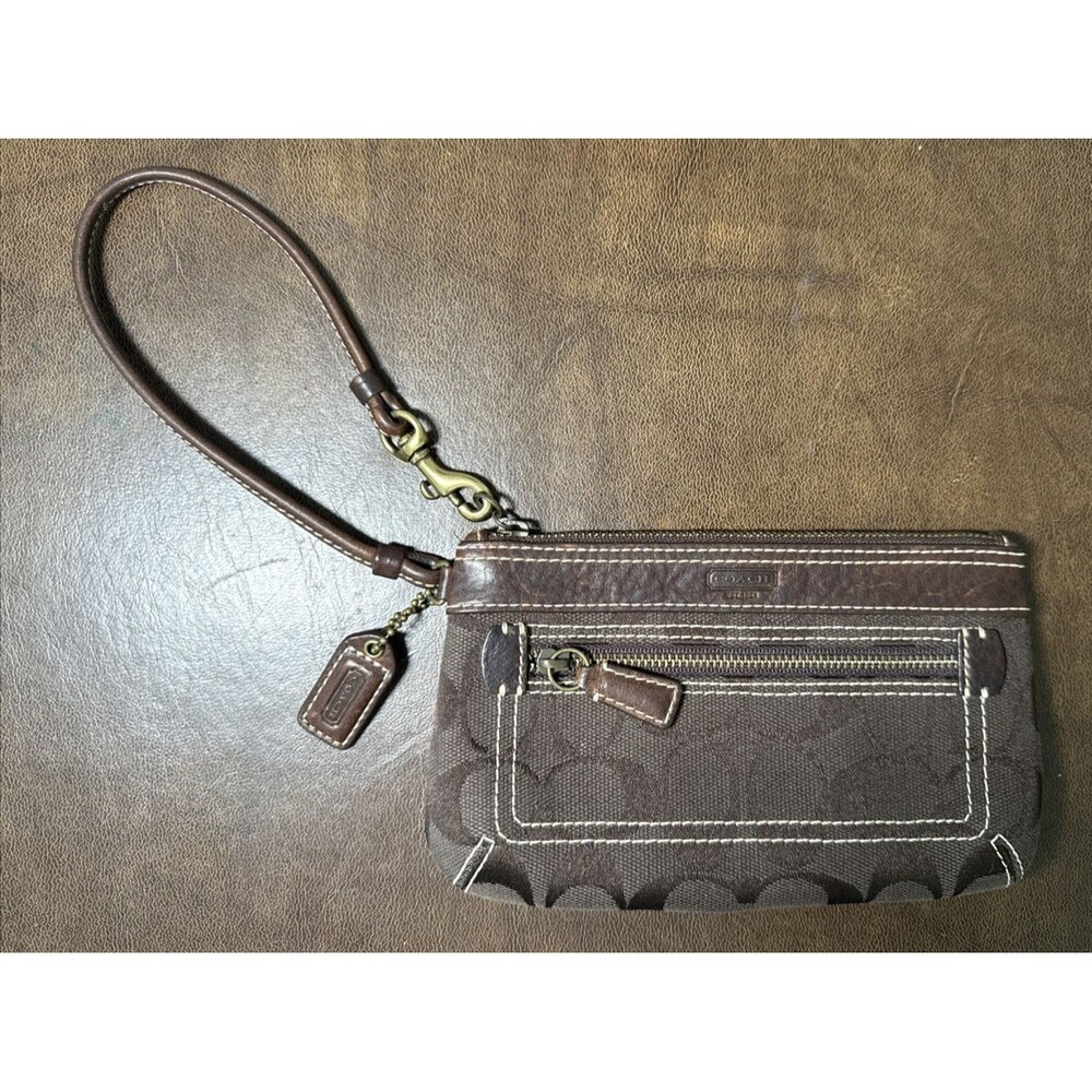 Coach Signature C Zip Top & Front Wristlet Clutch w/ Strap & Charm Brown 7”x4”